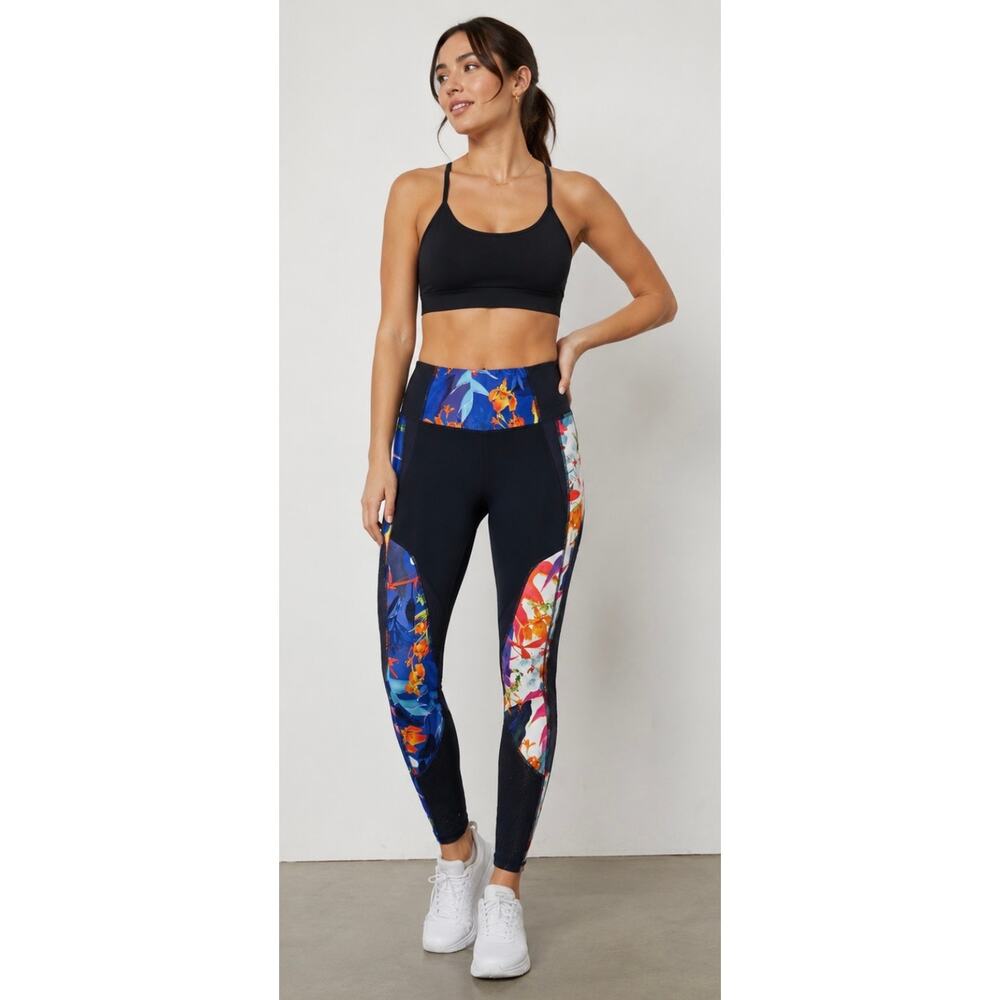 Athleta Tropical Navy Floral Mesh Panel 7/8 Activewear Hidden Pockets Leggings